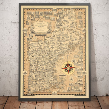 Antiguo mapa pictórico de Nueva Inglaterra, Estados Unidos, 1939 por Ernest Dudley Chase - Maine, Vermont, New Hampshire, Massachusetts, Connecticut, Rhode Island