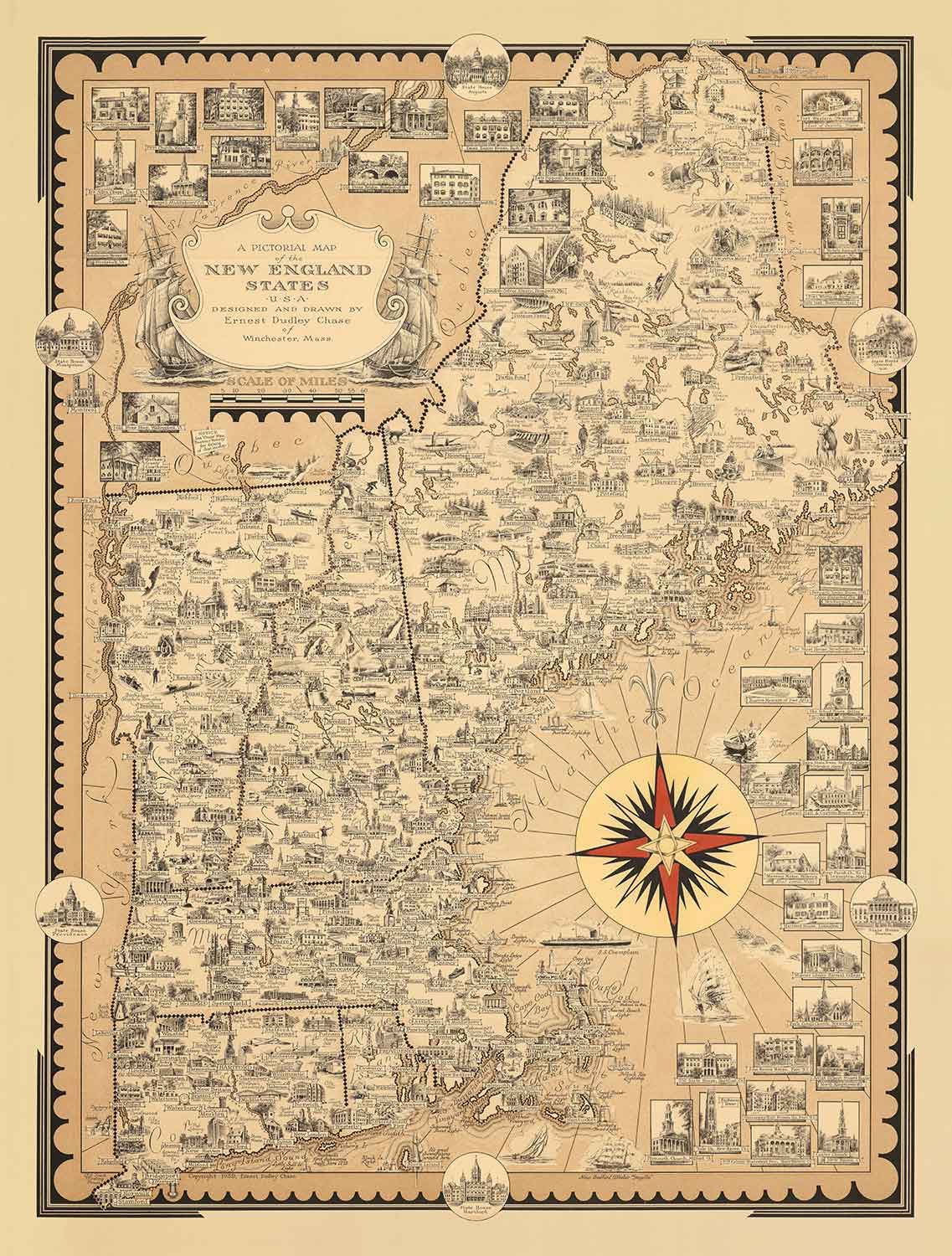 Alte Bildkarte von Neuengland, USA, 1939 von Ernest Dudley Chase - Maine, Vermont, New Hampshire, Massachusetts, Connecticut, Rhode Island