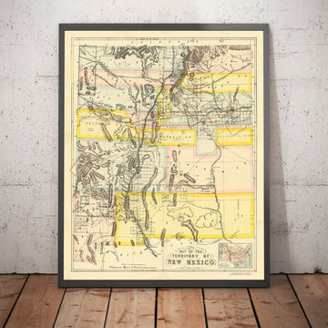 Alte Karte des Territoriums von New Mexico, USA, 1873 - Landzuteilungen, Rio Grande, Ureinwohner, Sante Fe, Rocky Mountains 