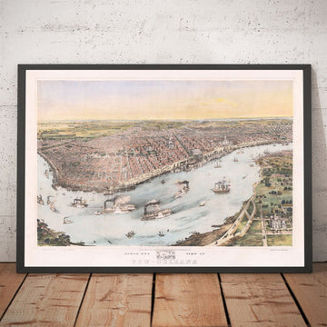 Old Oiseaux Carte des yeux de la Nouvelle-Orléans en 1851 - Quartier français, CBD, TREME, River Mississippi, Cathédrale Saint-Louis, Square Jackson