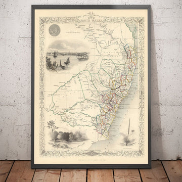 Mappa antica del New South Wales, Australia 1851 di Tallis & Rapkin - Sydney, Newcastle, Brisbane, Baia di Botany, Contee del NSW 