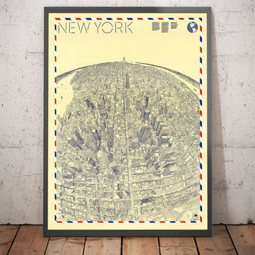 Alte Birds Eye Karte von New York im Jahr 1982 - Manhattan, Midtown, Empire State, Chrysler, Twin Towers, Central Park 5th Avenue 