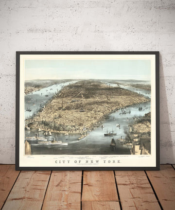 Old Birds Eye Carte de New York City 1856 - Manhattan, District financier, Batterie, East & Hudson Rivers