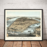 Vecchia mappa Birds Eye di New York City 1856 - Manhattan, Distretto Finanziario, Battery, Fiumi East e Hudson 