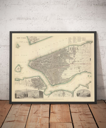 Ancienne carte de New York, USA en 1840 - Manhattan, Brooklyn, Williamsburg, Hudson River