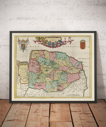 Ancienne carte de Norfolk en 1665 par Joan Blaaeu - Norwich, Great Yarmouth, King&