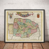 Viejo mapa de Norfolk en 1665 por Joan Blaeu - Norwich, Gran Yarmouth, King Lynn, Thetford, Swaffham, Fakenham, East Anglia