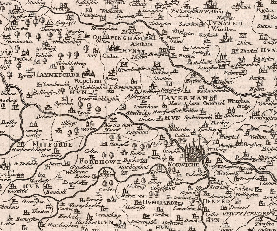 Ancienne carte de Norfolk, 1611 de John Speed ​​- Norwich, Great Yarmouth, King&