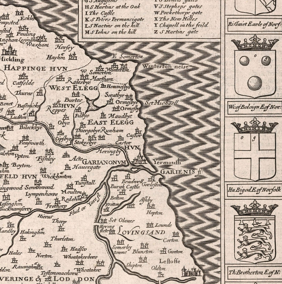 Ancienne carte de Norfolk, 1611 de John Speed ​​- Norwich, Great Yarmouth, King&