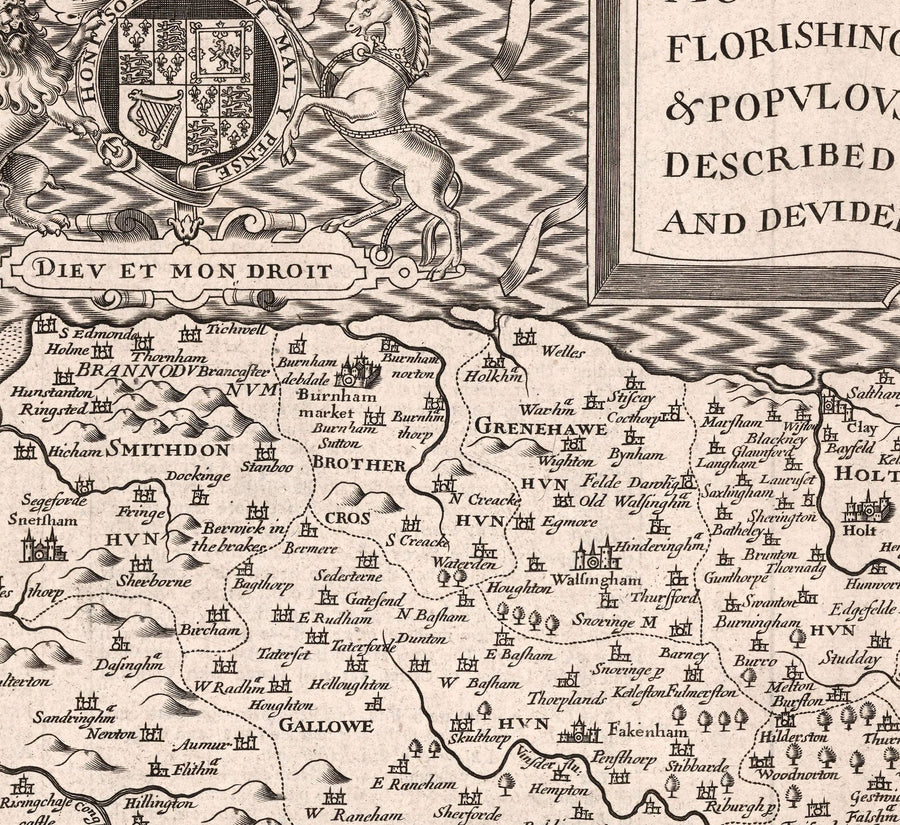 Ancienne carte de Norfolk, 1611 de John Speed ​​- Norwich, Great Yarmouth, King&