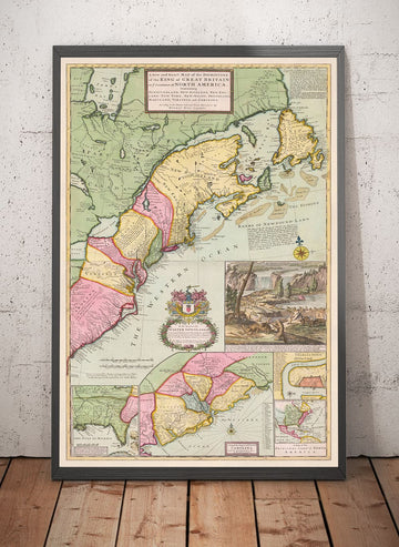Mappa antica del Nord America 1715 di Herman Moll - Nuova Inghilterra, Nuova Scozia, New York, Carolina, Francesi e Tredici Colonie Britanniche 