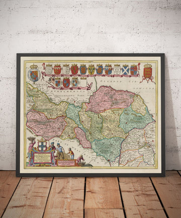 Vecchia mappa dello Yorkshire del Nord, 1665 di Joan Blaeu - York, Middlesbrough, Scarborough, Whitby, Malton, Pickering, Richmond 