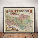 Mapa antiguo de North Yorkshire, 1665 de Joan Blaeu - York, Middlesbrough, Scarborough, Whitby, Malton, Pickering, Richmond