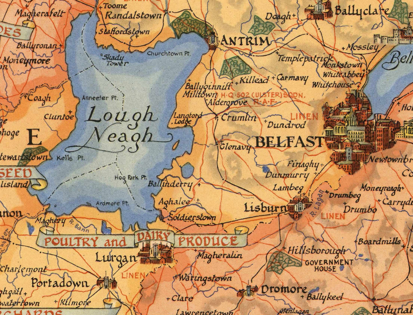 Alte Karte von Nordirland, Ulster von Ernest Clegg, 1947 - Eire, Antrim, Belfast, Londonderry, Lough Neagh, runter