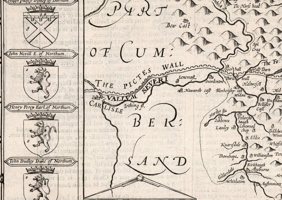 Old Map of Northumberland in 1611 - Newcastle, Gateshead, Hadrian&