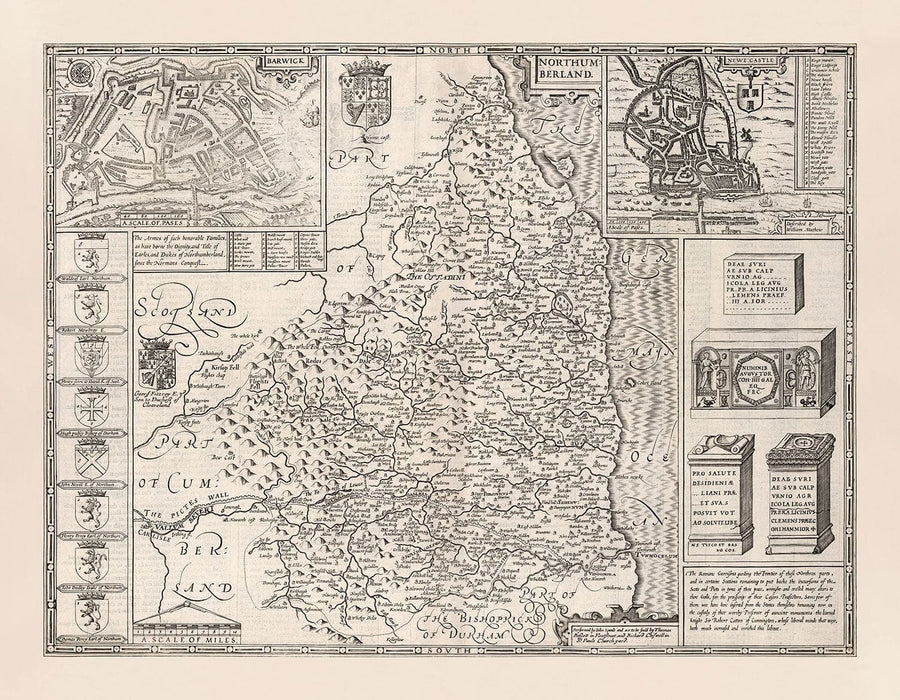 Old Map of Northumberland in 1611 - Newcastle, Gateshead, Hadrian&