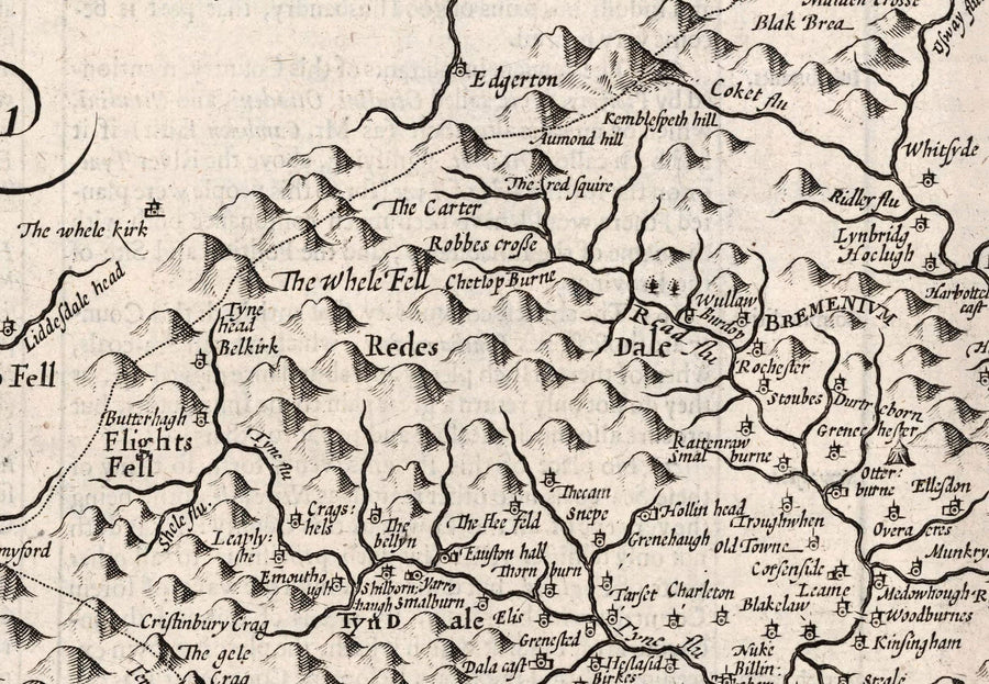 Old Map of Northumberland in 1611 - Newcastle, Gateshead, Hadrian&