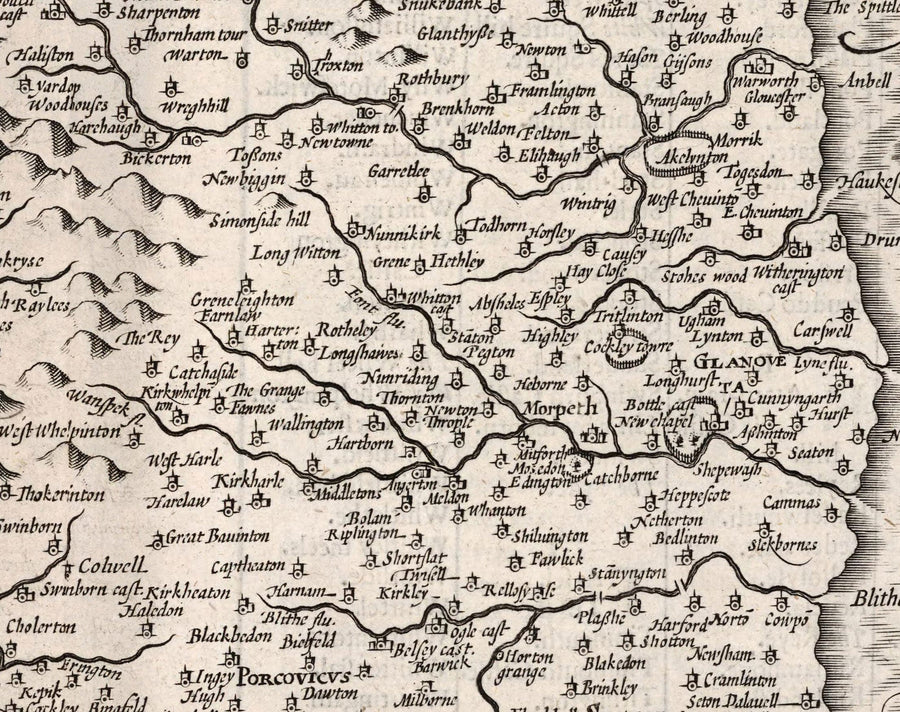 Old Map of Northumberland in 1611 - Newcastle, Gateshead, Hadrian&