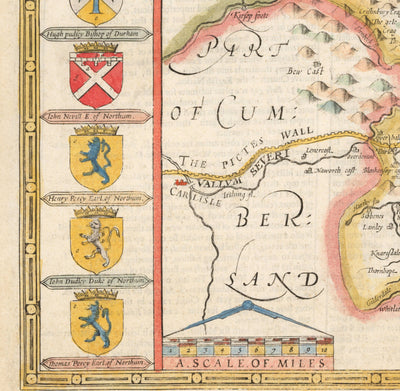 Alte Karte von Northumberland im Jahre 1611 von John Speed ​​- Newcastle, Gateshead, Hadrians Mauer, Tyne und Trage