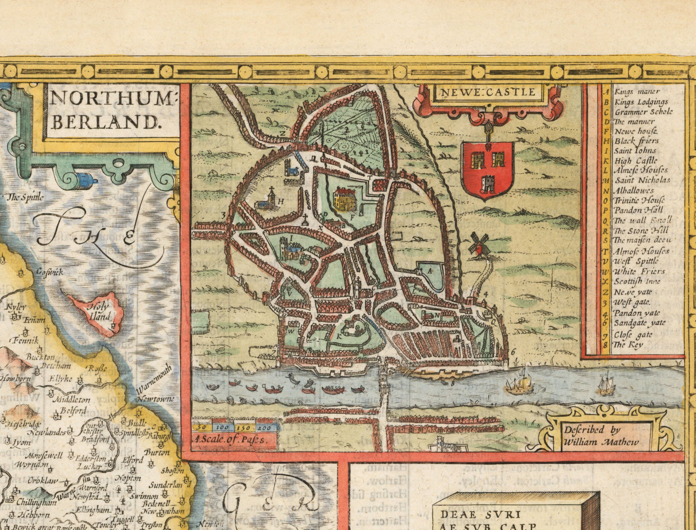 Alte Karte von Northumberland im Jahre 1611 von John Speed ​​- Newcastle, Gateshead, Hadrians Mauer, Tyne und Trage