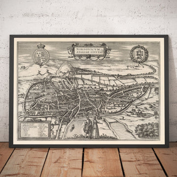 Mappa antica di Norwich, East Anglia 1581 di Georg Braun, Civitates Orbis Terrarum - Castello, Mura della città 