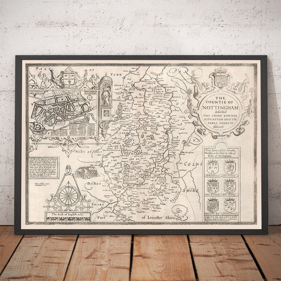 Ancienne carte de Nottinghamshire, 1611 par John Speed ​​- Nottingham, Mansfield, Newark, Travaquage, Sherwood Forest