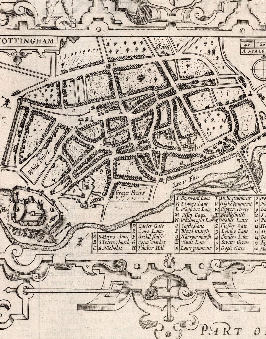 Ancienne carte de Nottinghamshire, 1611 par John Speed ​​- Nottingham, Mansfield, Newark, Travaquage, Sherwood Forest