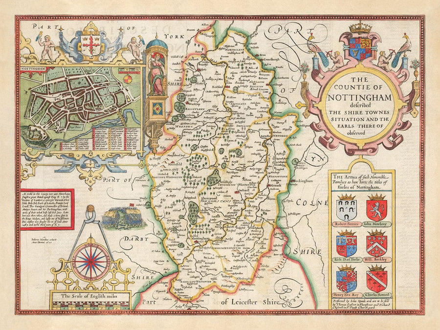 Old Map of Nottinghamshire, 1611 by John Speed - Nottingham, Mansfield, Newark, Worksop