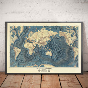 Raro mapa antiguo del suelo oceánico y del relieve terrestre realizado por la marina estadounidense en 1976 - Europa, África, América, Antártida, Australia