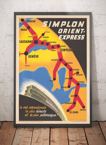 Alter Posterkarte der Orient-Express-Bahn, 1947 von Walther Spinner - Simplon, Paris, Lausanne, Genf, Venedig, London, Kairo 