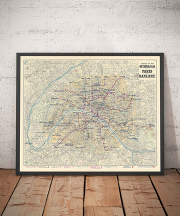Old Map of Paris Métro Subway and Landmarks, 1934 by Gaillac-Monrocq - 13 Lines, Arc de Triomphe, 20th Century City Tourist Map