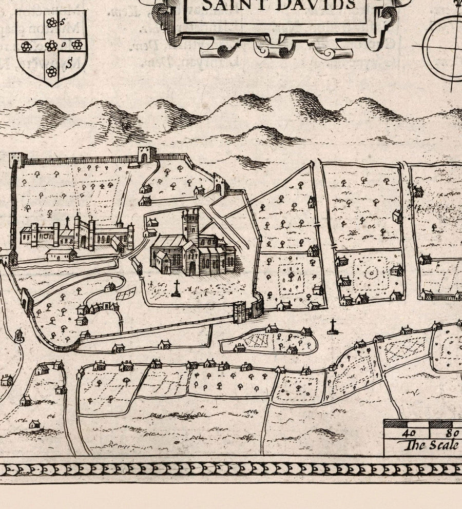 Alte monochrome Karte von Pembrokeshire, Wales 1611 John Speed - Haverfordwest, St Davids, Fishguard, Südwest 