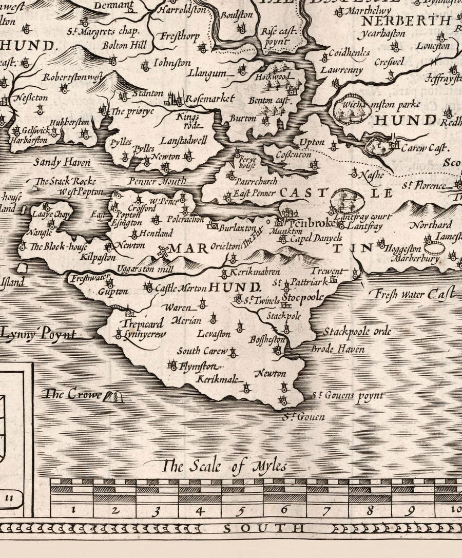 Alte monochrome Karte von Pembrokeshire, Wales 1611 John Speed - Haverfordwest, St Davids, Fishguard, Südwest 