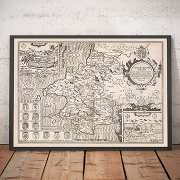 Vecchia mappa monocromatica di Pembrokeshire, Galles 1611 John Speed - Haverfordwest, St Davids, Fishguard, Sudovest 