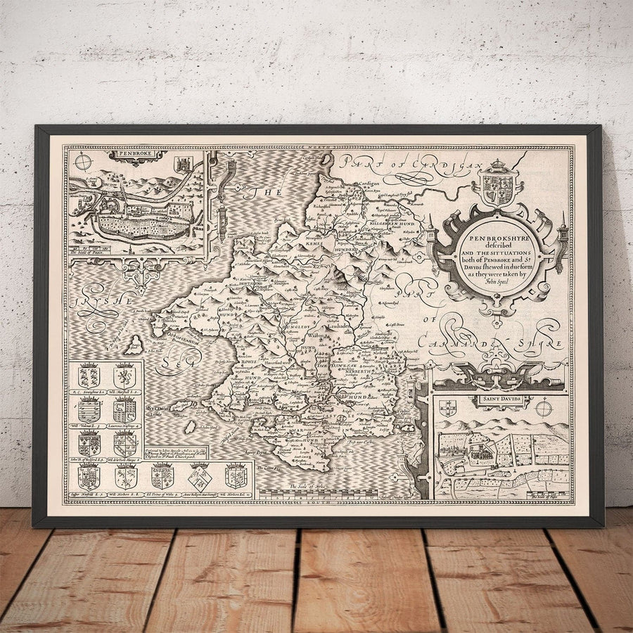 Alte monochrome Karte von Pembrokeshire, Wales 1611 John Speed - Haverfordwest, St Davids, Fishguard, Südwest 