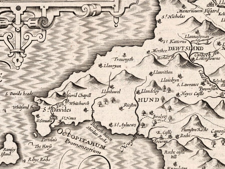 Alte monochrome Karte von Pembrokeshire, Wales 1611 John Speed - Haverfordwest, St Davids, Fishguard, Südwest 