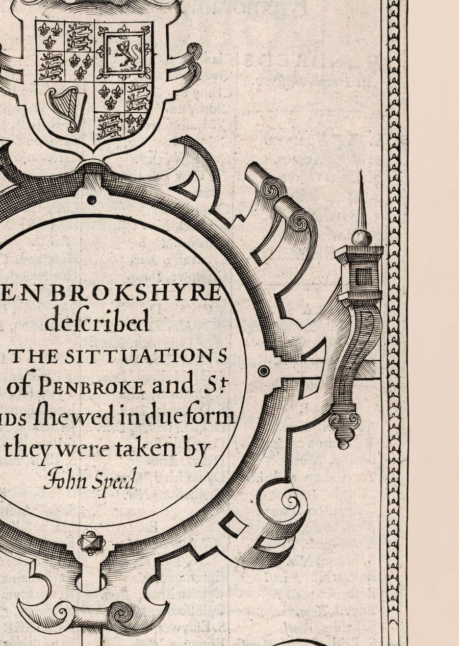 Alte monochrome Karte von Pembrokeshire, Wales 1611 John Speed - Haverfordwest, St Davids, Fishguard, Südwest 