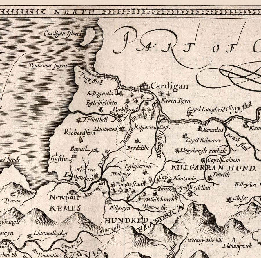 Alte monochrome Karte von Pembrokeshire, Wales 1611 John Speed - Haverfordwest, St Davids, Fishguard, Südwest 