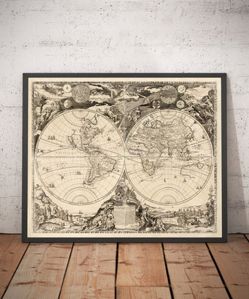 Mapa del Viejo Mundo, 1700 - Mapa del Atlas Antiguo Monocromo raro, Arte de la Pared Vintage por Paolo Petrini
