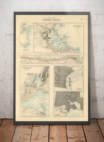 Ancienne carte des ports du nord des États-Unis, 1872 par Fullarton - Hudson River, Boston, Philadelphie, New York, Portland