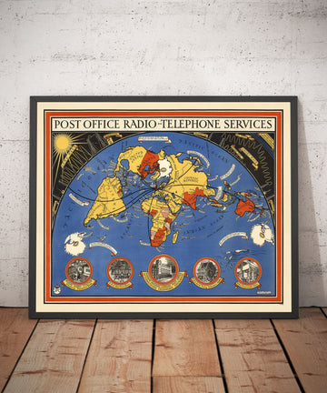Mapa del mundo de la radio de la oficina de correos, 1935 por Max Gill - Tabla de pared de red inalámbrica del Imperio Británico