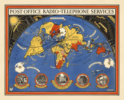 Mapa del mundo de la radio de la oficina de correos, 1935 por Max Gill - Tabla de pared de red inalámbrica del Imperio Británico