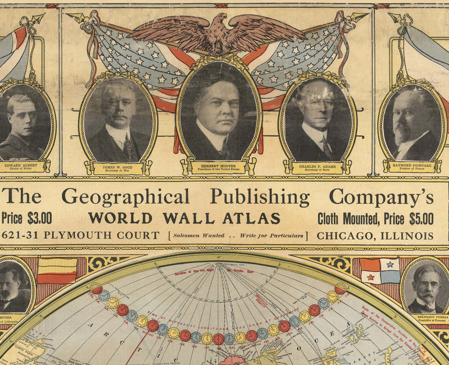 Old Flat Earth Map with World Leaders, 1921 - Shipping Lanes, Stalin, Mussolini, King George, Hoover