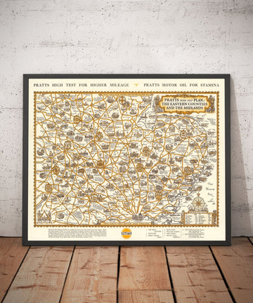 Pratts High Test Plan of the Midlands 1932 - Essex, Oxford, Birmingham - Old Vintage Motoring Car Map - Esso, Standard Oil