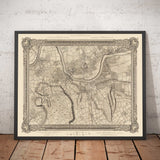 Mappa antica di Londra Ovest e Sud Ovest nel 1746 di John Rocque - Fulham, Wandsworth, Chelsea, Putney, Battersea, SW3, SW6, SW10, SW11, SW13, SW15, SW18 