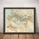 Mappa del Mondo dell'Antico Impero Romano dal 266 a.C. al 305 d.C. di Perthes & Kampen, 1889 - Mappa Rara dell'Impero Bizantino, Romano Occidentale e Orientale e Strade 