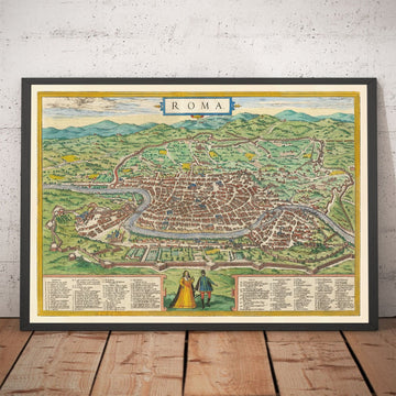 Old Map of Rome, 1572 by Braun - Vatican City, Papal Palace, Forum, Pantheon, Ancient Ruins, Colosseum