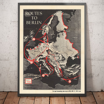 Les routes vers Berlin, 1943 - Ancienne carte de la Seconde Guerre mondiale (avec un triste petit Hitler)