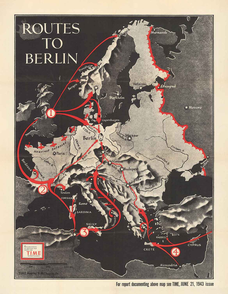 Die Routen nach Berlin, 1943 - Alte Weltkriegs-Karte (mit einem traurigen kleinen Hitler) 