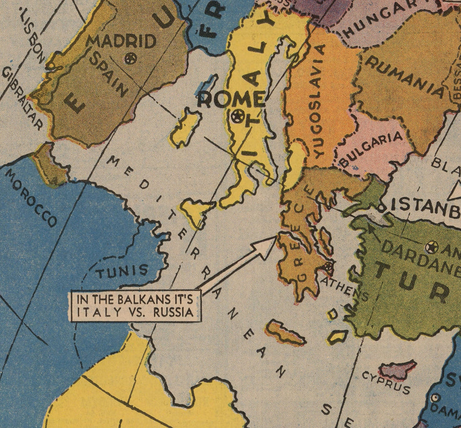 Zweiter Weltkrieg Anti-USSR-Propaganda-Plakat Karte von Europa & Asien - Die sowjetische Spinne sitzt oben auf der Welt 